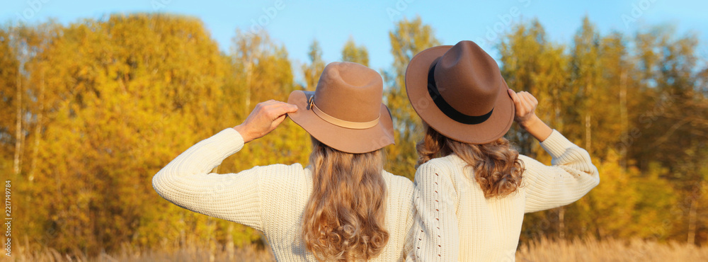 Fototapeta premium Two women friends together in autumn park, stylish girlfriends in hat, trees with yellow leaves