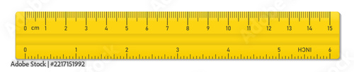 Yellow realistic horizontal plastic tape ruler isolated on transparent bg. Double sided rulers 15 centimeter and 6 inch scale measurement. Vector png illustration