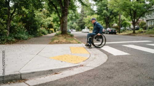 Accessible roadway design with curb ramp, tactile warning tiles, wheelchair slope, and painted crossing at a quiet intersection