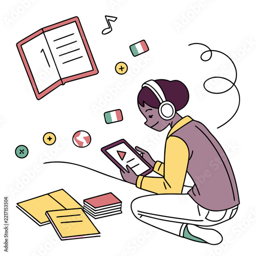 Young student studying language with tablet and headphones