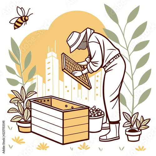 Urban beekeeping illustration with beekeeper checking hive frames