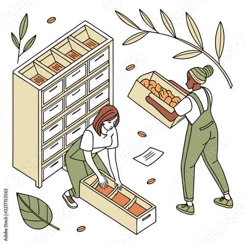 Two women processing and sorting organic coffee beans in a workshop