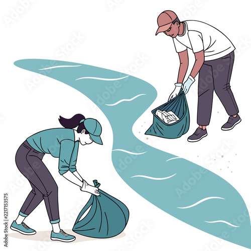 Volunteers cleaning up plastic waste from a river bank with cleaning