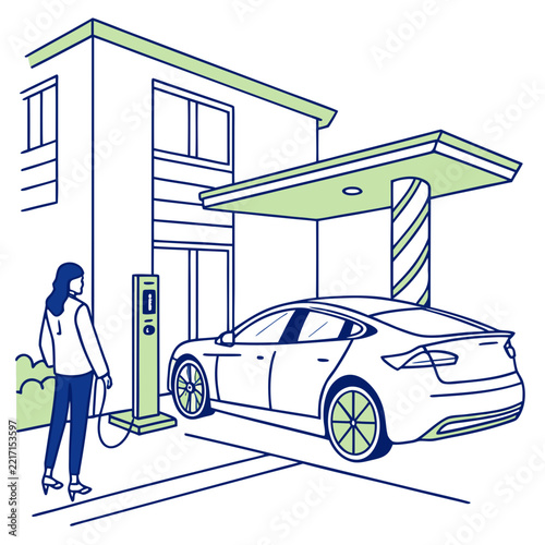 Woman charging an electric car at a home charging station with ev charging