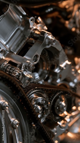 Detailed view of a modern mechanical engine with visible timing belt and polished metallic components showcasing intricate engineering and precision craftsmansh