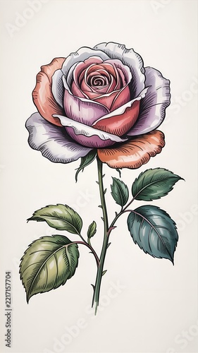 Single Beautiful Blooming Pink Rose Flower Stem Leaves Floral Botanical Garden Rose