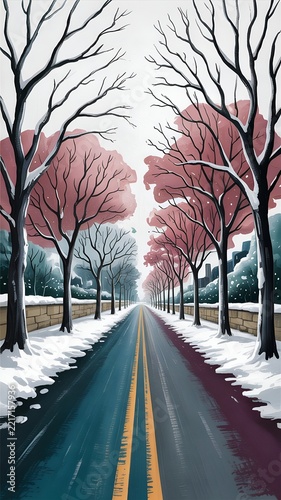 Empty Straight Asphalt Highway Road Lined Pink Flowering Trees Winter Snow View