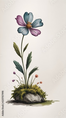 Single Wildflower Plant Flower Growing Out Of Stone Rock Botanical Growth View