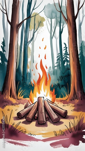 Camping Bonfire Campfire Logs Burning Flames Forest Pine Trees Outdoor Activity