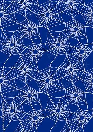 Spider web with spiders on dark blue background, seamless pattern