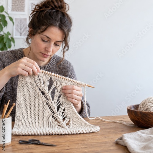 Woman knitting an openwork leaf pattern in cream yarn