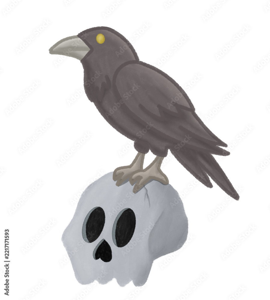 Fototapeta premium Illustration of a black crow perched on a gray human skull