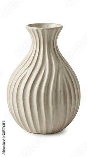 Elegant white ceramic vase with vertical fluted ridges isolated on white background