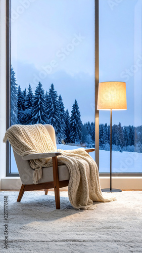 Cozy armchair with a chunky knit blanket and a floor lamp in front of a tall window to a snowy pine forest, vertical, copy space