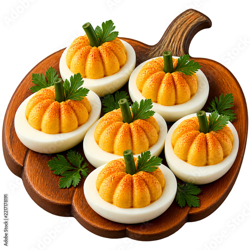 Deviled eggs decorated like tiny pumpkins for Halloween