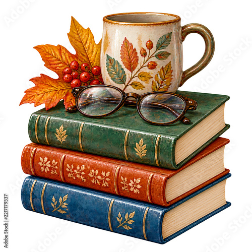 Stack of cozy books with reading glasses for fall