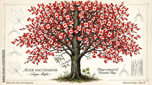 Vintage botanical illustration of maple tree made of Canadian flags, Acer Saccharum study plate, red and white patriotic art isolated on White Background