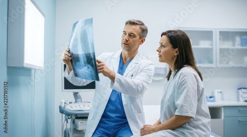 Doctor showing chest xray to female patient in medical office