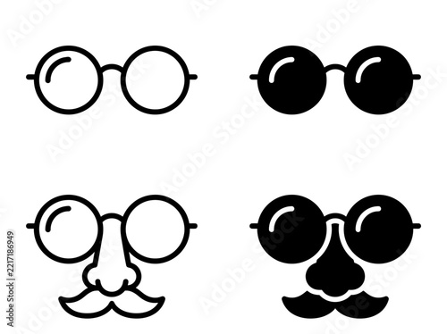 Graphic set of round glasses and disguise nose mask icons with mustache