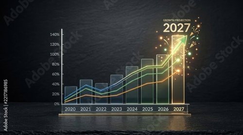 Glowing holographic business bar chart showing 2027 growth.