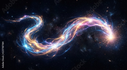 Glowing celestial light trail swirling through deep space.