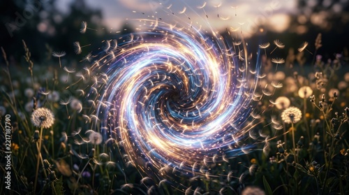Glowing energy spiral swirl over summer meadow dandelions.