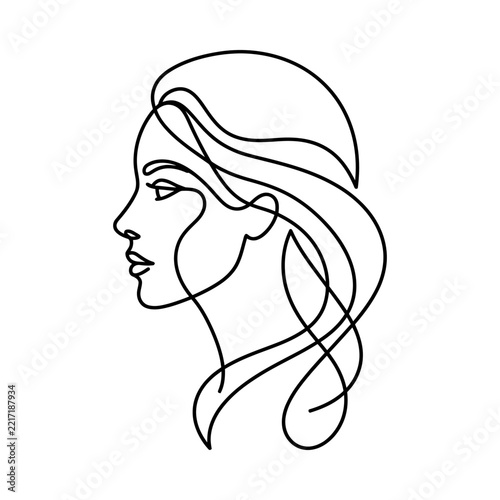 Minimalist continuous line drawing of a beautiful woman profile.