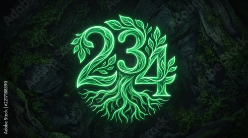 Glowing green neon number 234 with organic leaf design.