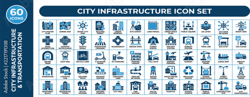100 solid city infrastructure and transportation icons. filled glyph symbols for urban planning, logistics, housing, traffic, and smart city design.