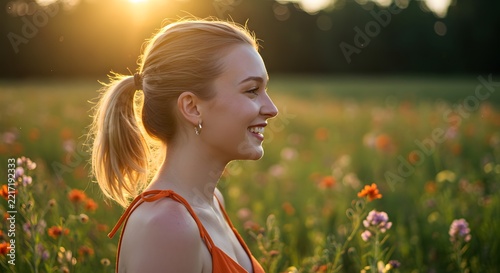 A side-profile portrait of a young blonde woman with her hair tied back in a ponytail, smiling gently. She is standing in a lush, blooming meadow during sunset