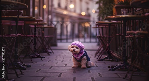 A charming white Bichon Frise dog sitting on a cobblestone street, wearing a cozy purple knit beanie hat and a small dark blue vest. The scene is set outdoors in an alleyway lined