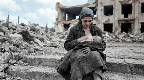 Woman Breastfeeding Baby in Desolate Ruins