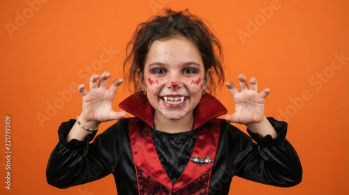 Young Girl Dressed as Vampire with Halloween Makeup