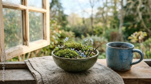 Nature scene with coffee and moss bowl