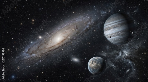 Cosmic landscape with galaxy and planets
