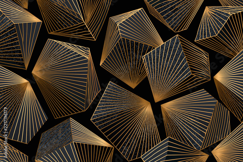 Geometric gold line art pattern with overlapping polygon shapes, black background, luxury abstract seamless design, modern elegance, metallic texture, sophisticated and stylish visual