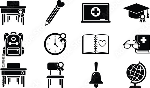 School education and classroom learning icons set for graduation cap, blackboard, study desk, backpack and pencil