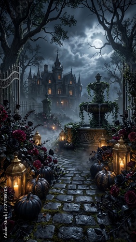 Spooky Gothic Haunted Mansion at Night with Black Pumpkins, Lanterns, and Full Moon. 