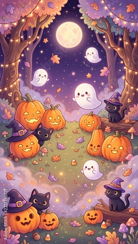 Cute Kawaii Halloween Forest Background with Floating Ghosts, Black Cats, and Glowing Pumpkins. 
