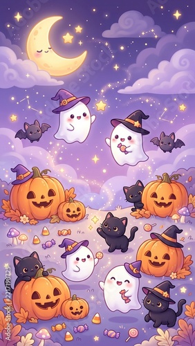Cute Kawaii Halloween Night Background with Witch Ghosts, Black Cats, Pumpkins, and Sleeping Crescent Moon. 