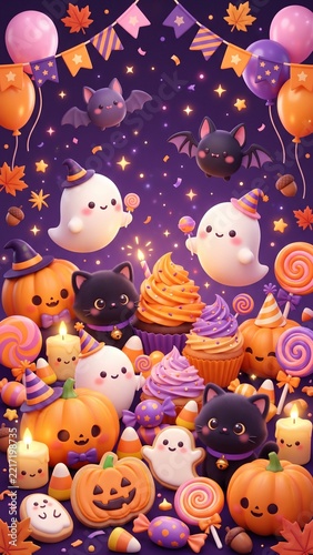 Cute 3D Kawaii Halloween Party Background with Ghosts, Black Cats, Cupcakes, and Pumpkins. 
