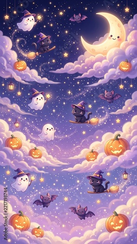Cute Kawaii Halloween Pattern Background with Ghost, Black Cat, Pumpkin, and Crescent Moon. 