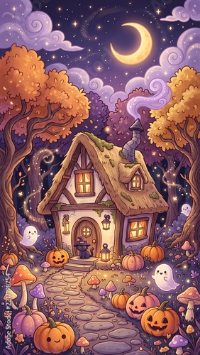 Cute Halloween Witch Cottage in Autumn Forest with Cute Ghosts, Pumpkins, and Crescent Moon. 