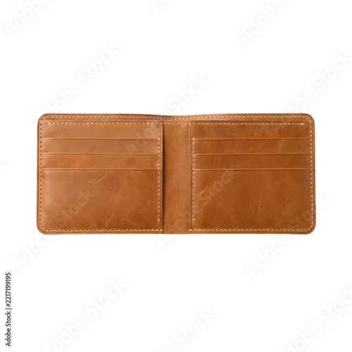 Open brown leather wallet isolated on transparent background