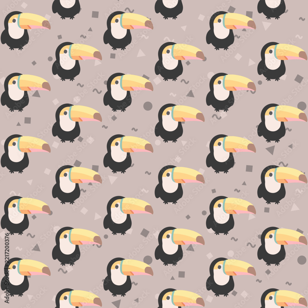 Fototapeta premium Seamless pattern with cute toucan birds and geometric shapes on a soft light brown background