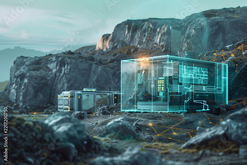 Futuristic Industrial smart battery bank powering temporary field hospital on rocky hillside with power