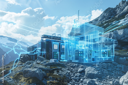 Futuristic Industrial smart battery bank powering temporary field hospital on rocky hillside with power