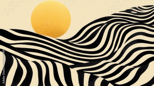 Stylized Black and White Zebra Stripes Against a Vibrant Yellow Sun in Abstract Landscape Design