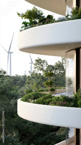 Eco-Friendly Apartment Balconies with Lush Greenery and Wind Turbines in Background