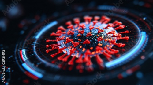 Healthcare digital technology concept, holographic virus visualization on medical screen, futuristic yet realistic, clean UI without text, medical innovation stock image